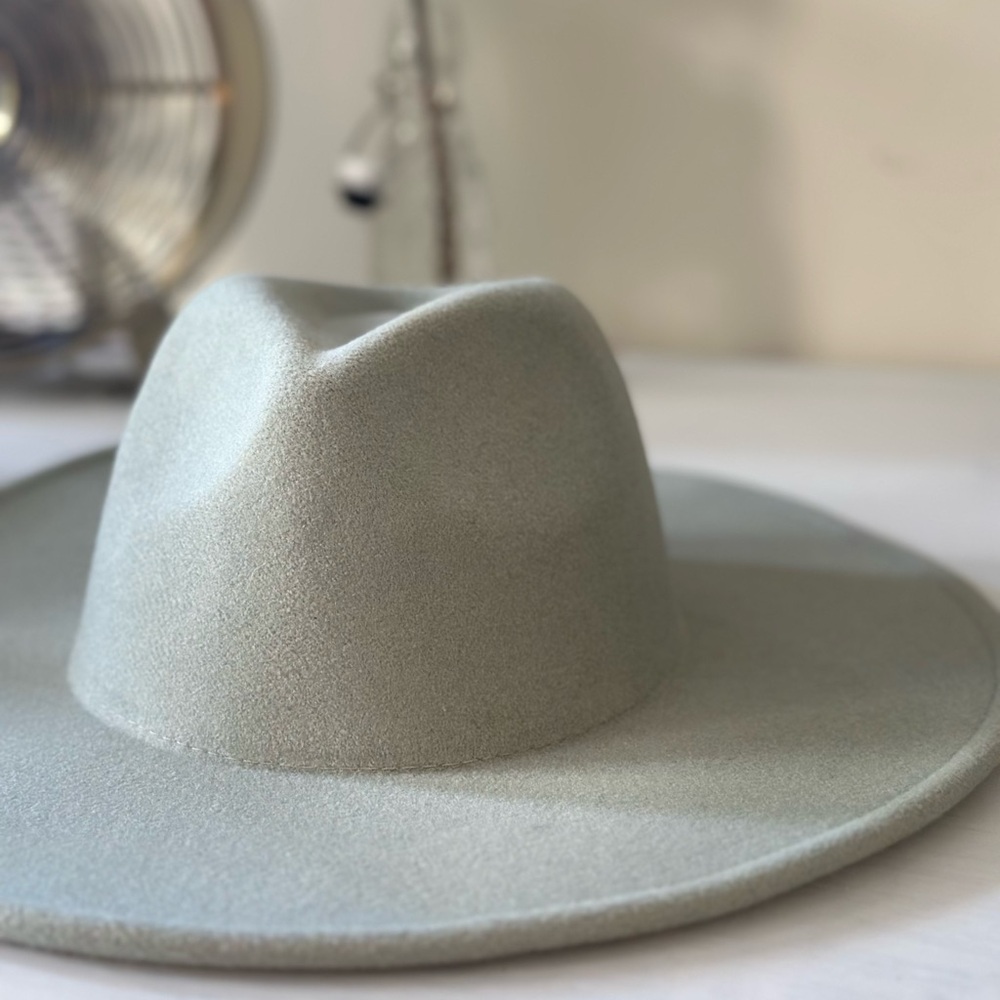 Anthropologie Gray and Green Fedora Hat Minimalist Wide-Brim Design